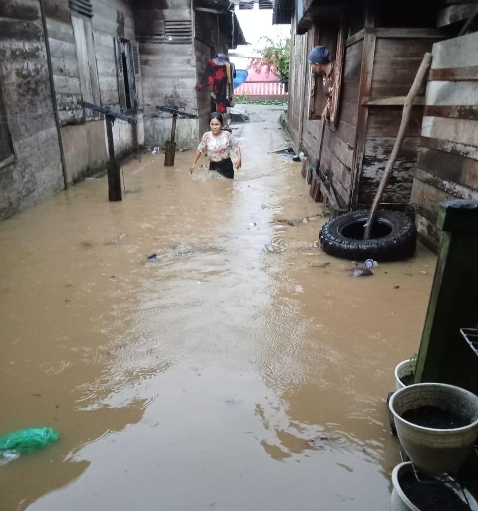 Anak Sungai Aek Guo Simpang Gambir Meluap Rendam Sejumlah Pemukiman Warga Akibat tingginya curah hujan
